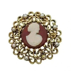 Victorian Revival Gold Cameo Brooch Celluloid & Faux Pearl Filigree Vintage